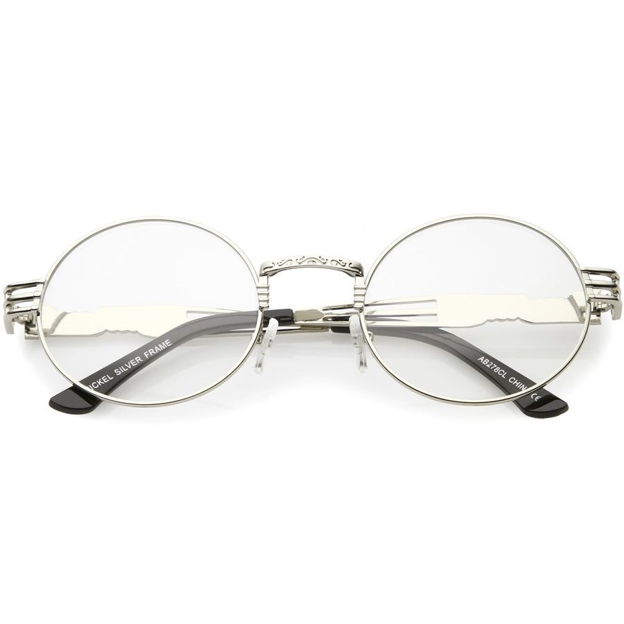 Steampunk Inspired Oval Eye Glasses Unique Engraved Metal Detail Clear Lens 60mm Image 1