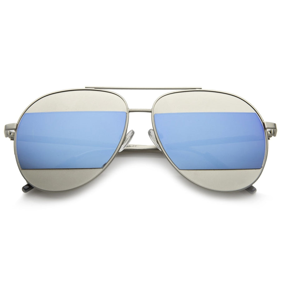 Two-Toned Matte Metal Brow Bar Color Split Mirror Lens Aviator Sunglasses 57mm Image 1