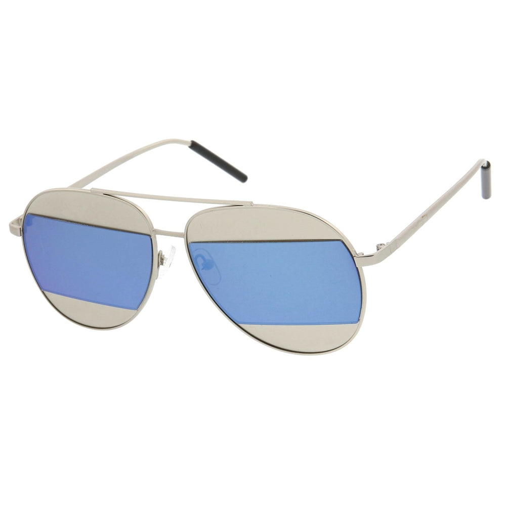 Two-Toned Matte Metal Brow Bar Color Split Mirror Lens Aviator Sunglasses 57mm Image 2