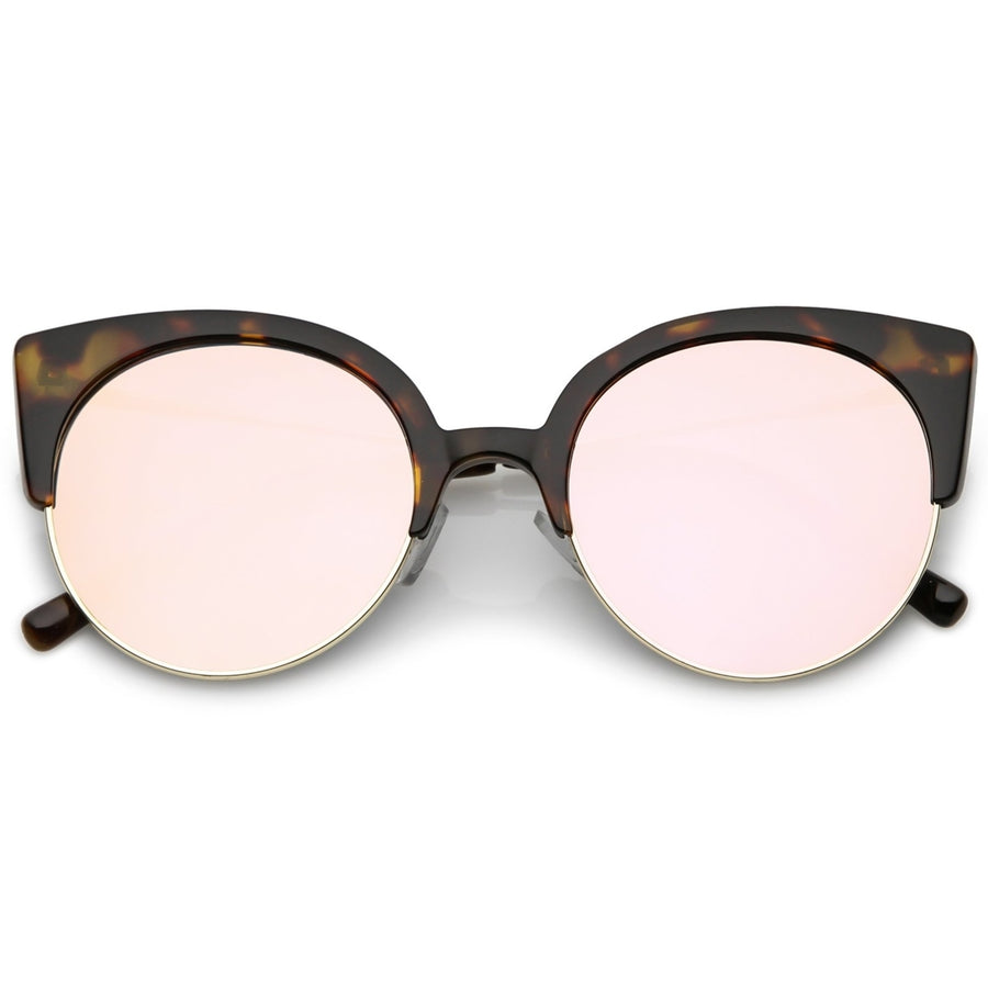 Womens Half Frame Cat Eye Sunglasses Ultra Slim Arms Mirrored Round Flat Lens 53mm Image 1