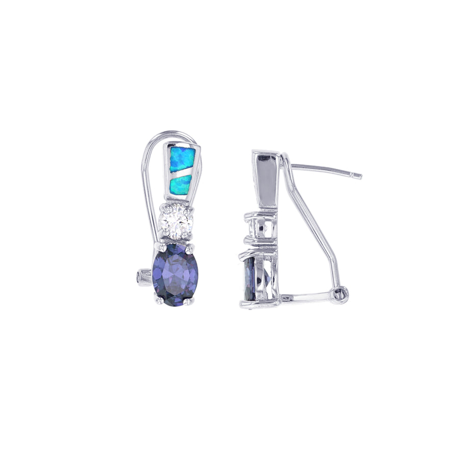 SS Blue Opal 6x8mm Oval Tanzanite CZ and 5mm Round Clear CZ Omega Clip Earring Image 1