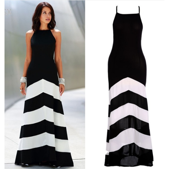 Women Black And White Striped Sleeveless Slim Fit Evening Dress Image 1