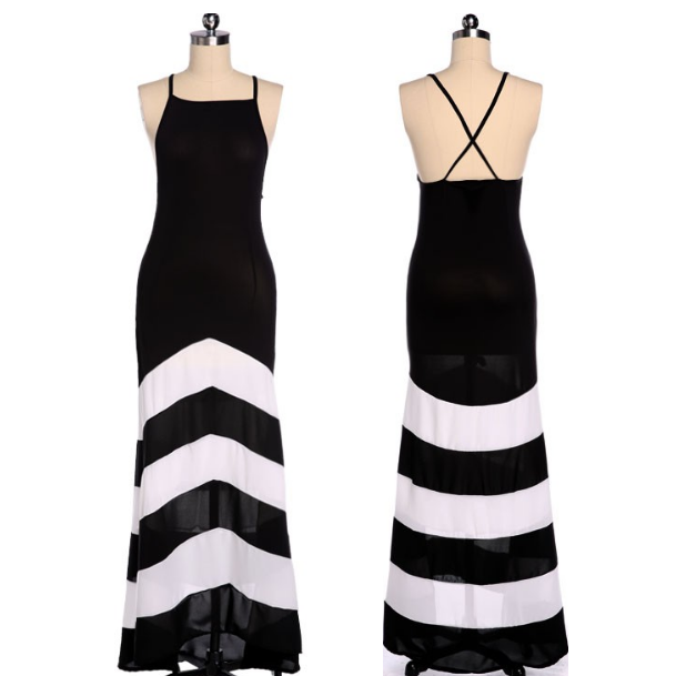Women Black And White Striped Sleeveless Slim Fit Evening Dress Image 2