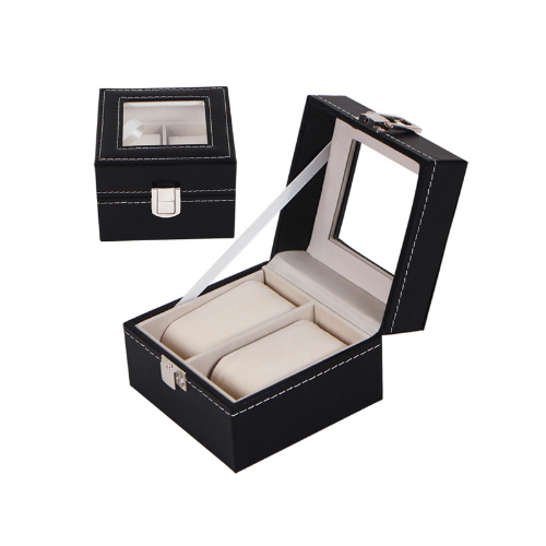 Watch Box Storage Organizer Display Case with Glass Top Black Bi-cast Leather Image 1