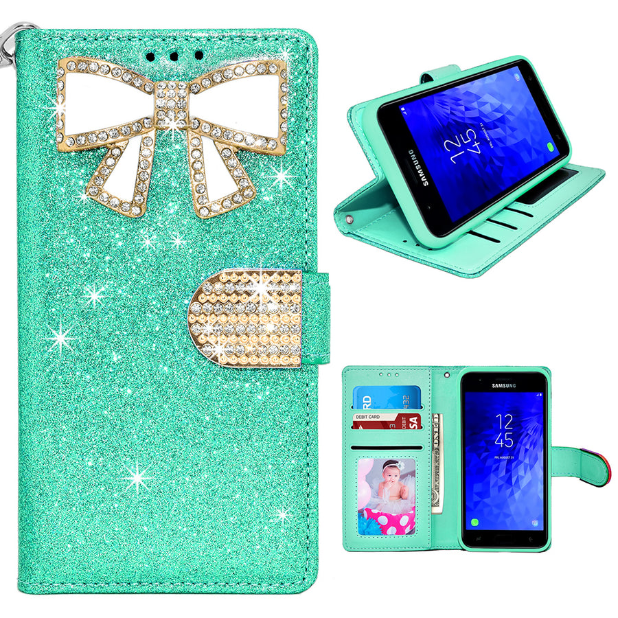 Samsung Galaxy J3 2018 / J337 / Achieve / Express Prime 3 / Star Diamond Bow Glitter Leather Wallet Case Cover Light Image 1