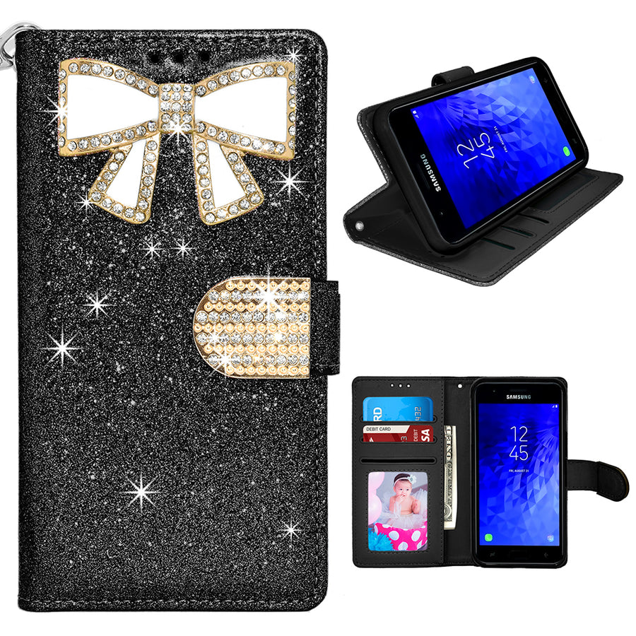 Samsung Galaxy J3 2018 / J337 / Achieve / Express Prime 3 / Star Diamond Bow Glitter Leather Wallet Case Cover Black Image 1
