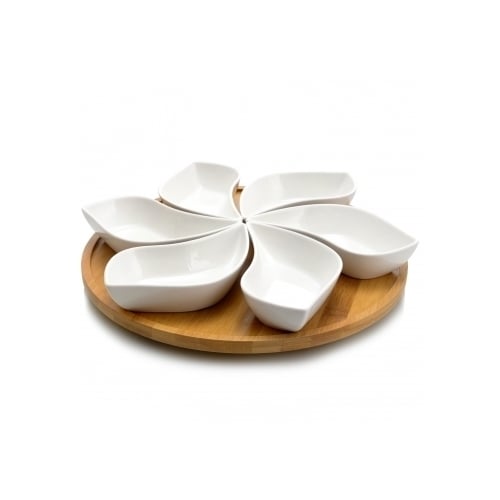 13.5 Inch 7pc Lazy Susan Appetizer and Condiment Server Set with 6 Unique Design Serving Dishes and a Bamboo Lazy Suzan Image 1