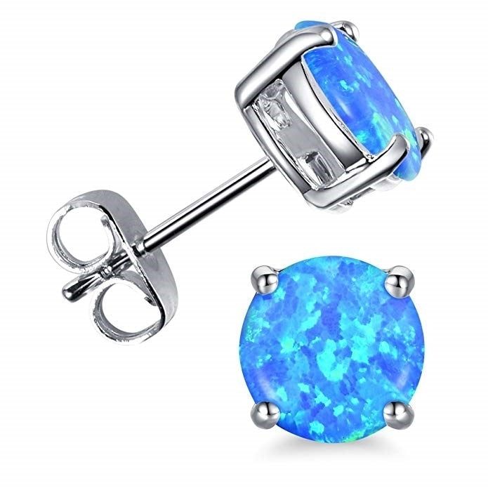 Sterling Silver 6mm Round Created Blue Opal Stud Earrings For Women Image 1
