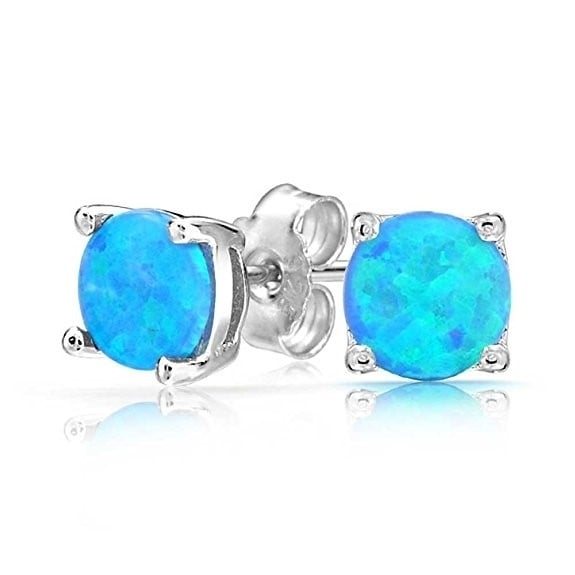Sterling Silver 6mm Round Created Blue Opal Stud Earrings For Women Image 2