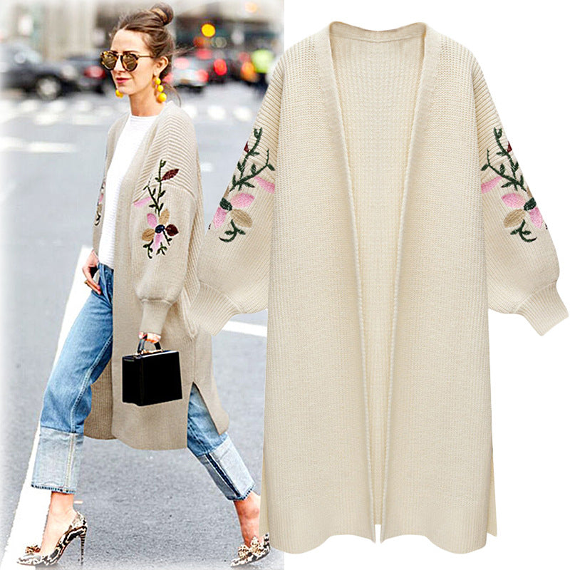 Knit Cardigan Women Loose Long Embroidered Image 2