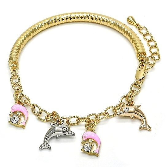 14k Gold Filled  Charm BraceletDolphin and Hollow Designwith CrystalTri Tone Image 1