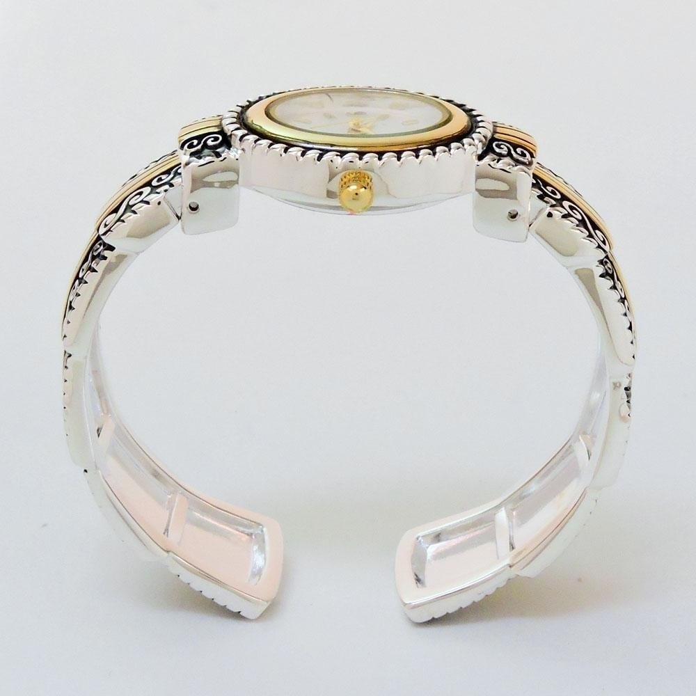 2Tone Metal Western Style Decorated Oval Face Womens Bangle Cuff Watch Image 3