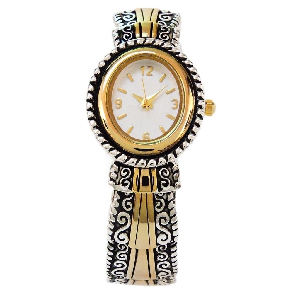 2Tone Metal Western Style Decorated Oval Face Womens Bangle Cuff Watch Image 4