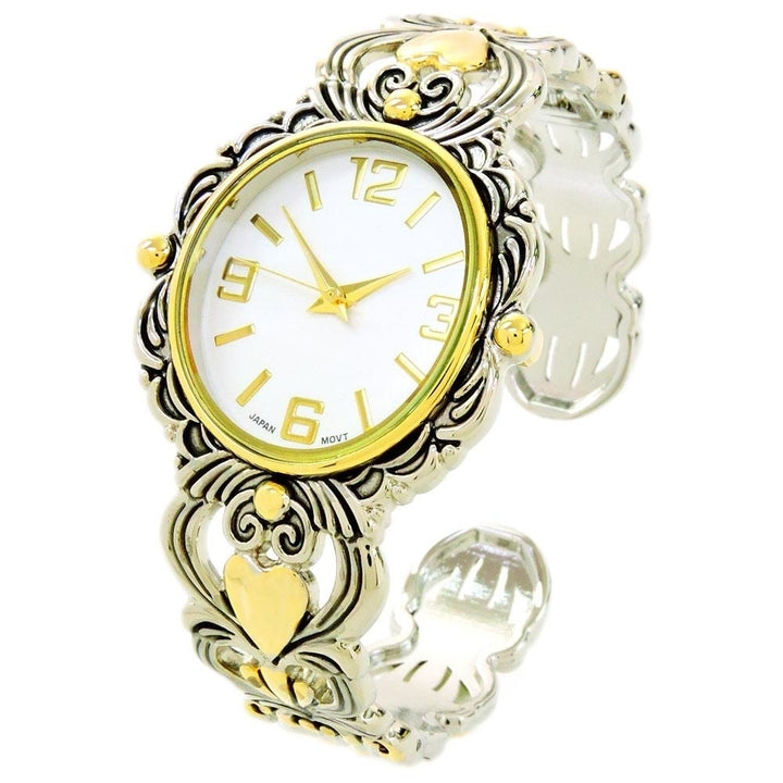 2Tone Metal Decorated Large Oval Face Womens Bangle Cuff Watch Image 1