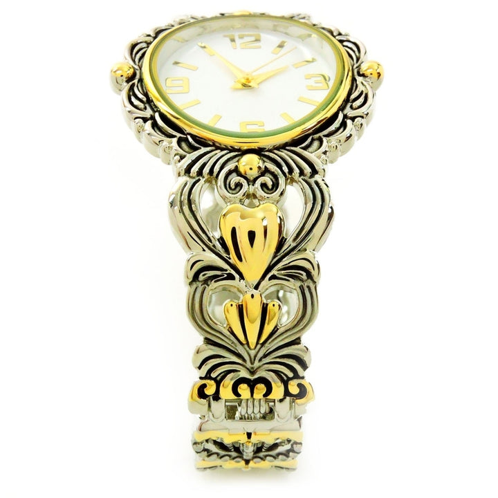 2Tone Metal Decorated Large Oval Face Womens Bangle Cuff Watch Image 3