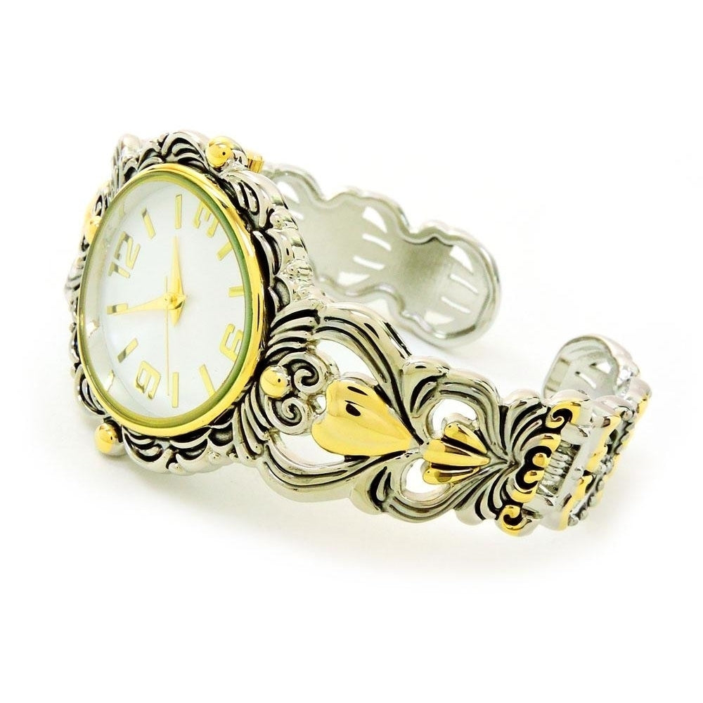 2Tone Metal Decorated Large Oval Face Womens Bangle Cuff Watch Image 4