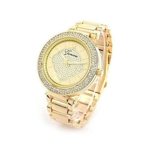 Gold Brushed Bracelet 3D Geneva Crystal Bezel Womens Boyfriend Style Large Watch Image 1