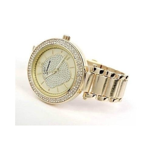 Gold Brushed Bracelet 3D Geneva Crystal Bezel Womens Boyfriend Style Large Watch Image 2