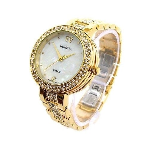 Gold Geneva Bold Case Rhinestones Bezel Bracelet Womens Quartz Watch Image 1