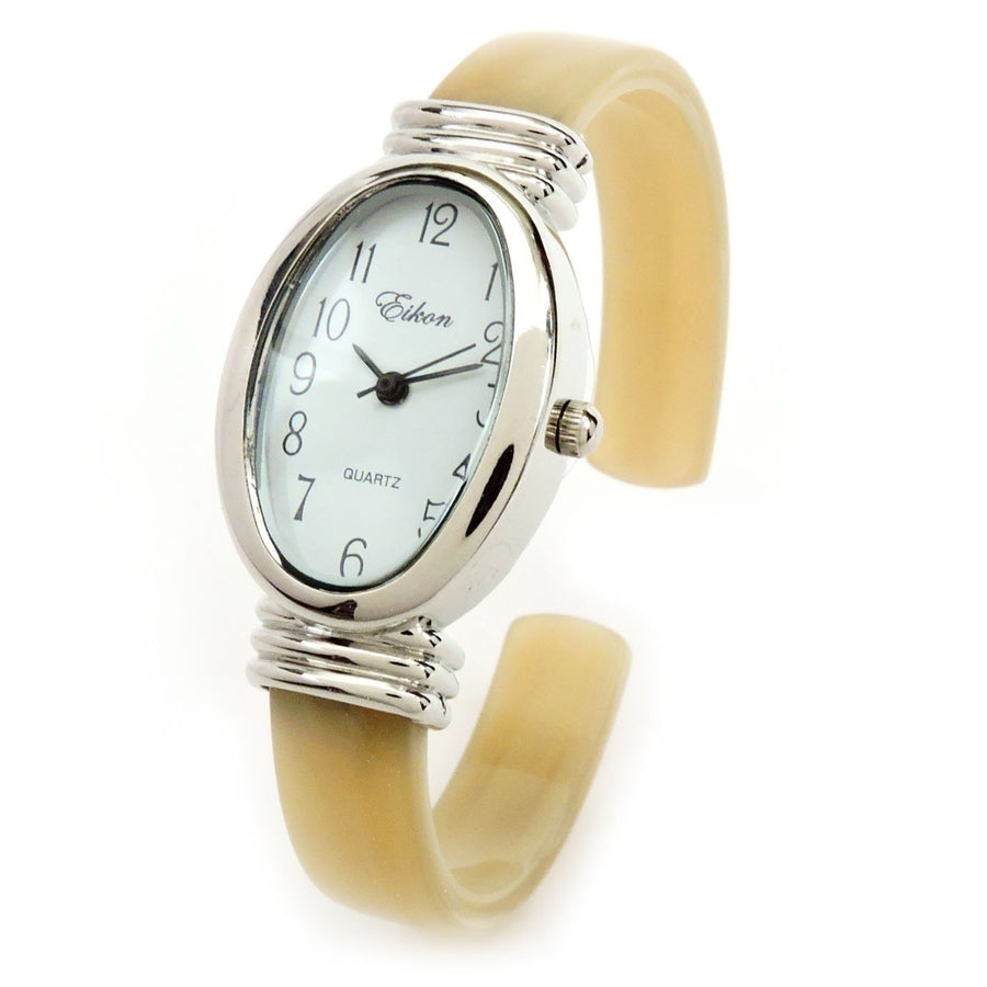 Horn Silver Ivory Acrylic Band Silver Oval Face Womens Bangle Cuff Watch Image 1