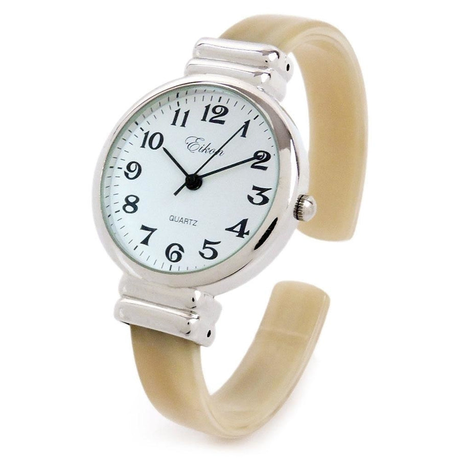 Horn Silver Ivory Acrylic Band Silver Round Face Womens Bangle Cuff Watch Image 1