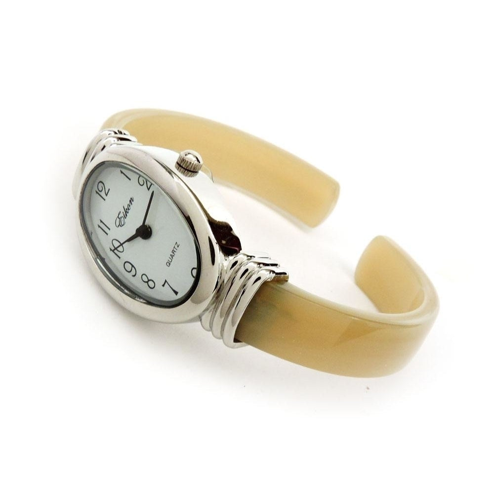 Horn Silver Ivory Acrylic Band Silver Oval Face Womens Bangle Cuff Watch Image 2