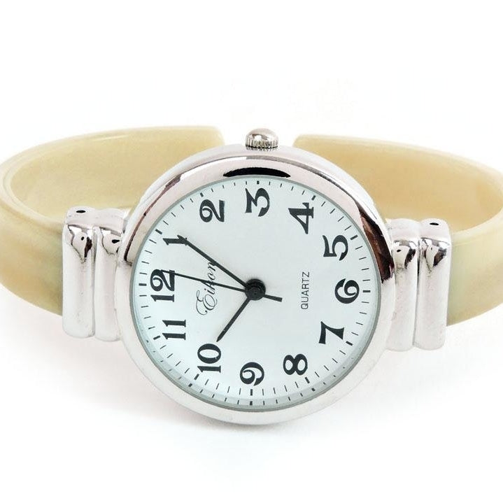 Horn Silver Ivory Acrylic Band Silver Round Face Womens Bangle Cuff Watch Image 2