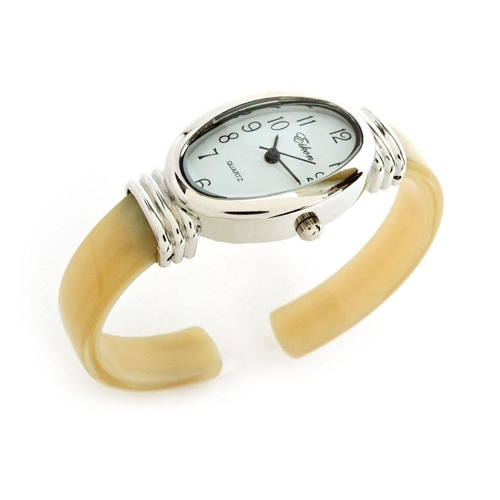 Horn Silver Ivory Acrylic Band Silver Oval Face Womens Bangle Cuff Watch Image 3