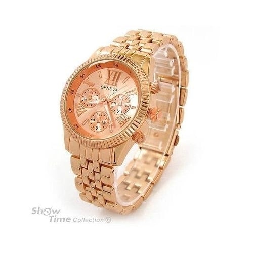 Rose Gold 3D Roman Hours Large Bracelet Boyfriend Style Geneva Womens Wrist Watch Image 1