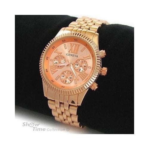 Rose Gold 3D Roman Hours Large Bracelet Boyfriend Style Geneva Womens Wrist Watch Image 3