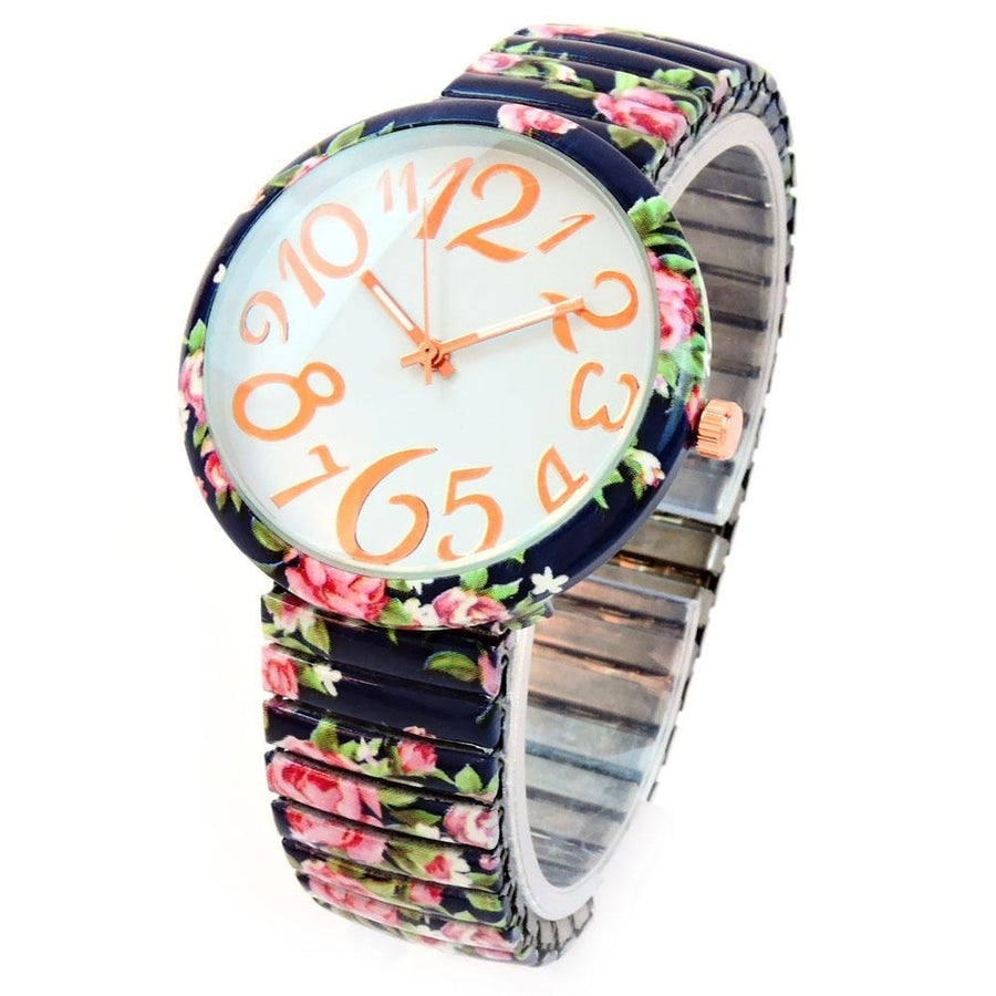 Navy Blue Roses Floral Print Large Face Easy to Read Stretch Band Extension Womens Watch Image 1