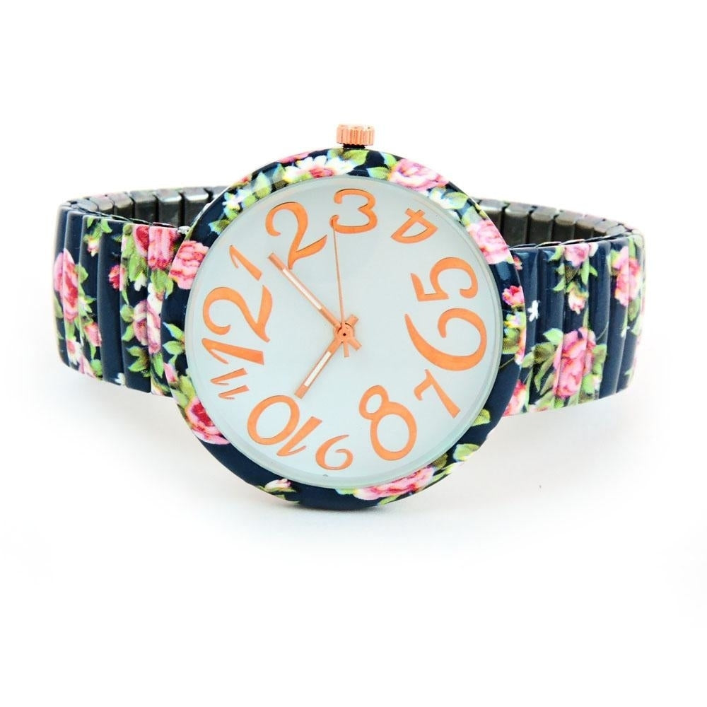 Navy Blue Roses Floral Print Large Face Easy to Read Stretch Band Extension Womens Watch Image 2