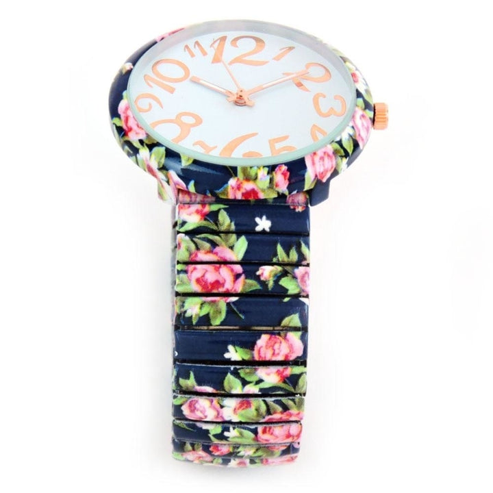 Navy Blue Roses Floral Print Large Face Easy to Read Stretch Band Extension Womens Watch Image 3
