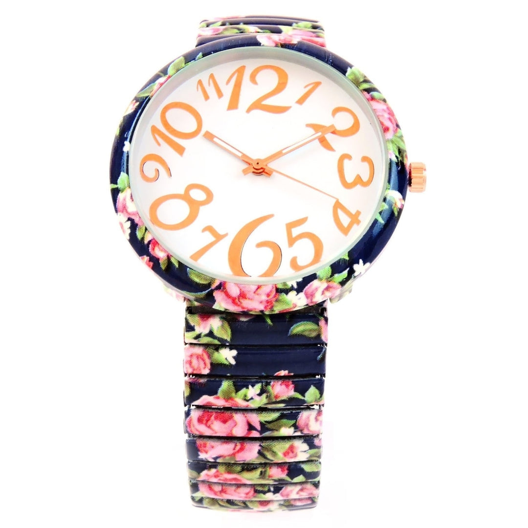 Navy Blue Roses Floral Print Large Face Easy to Read Stretch Band Extension Womens Watch Image 4
