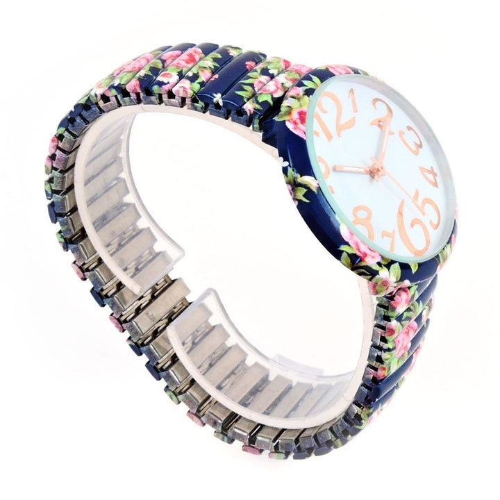 Navy Blue Roses Floral Print Large Face Easy to Read Stretch Band Extension Womens Watch Image 6