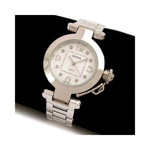 Silver Crystal Cabochon Crown Cover Geneva Womens Bracelet Quartz Watch Image 1