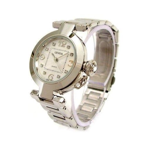 Silver Crystal Cabochon Crown Cover Geneva Womens Bracelet Quartz Watch Image 2