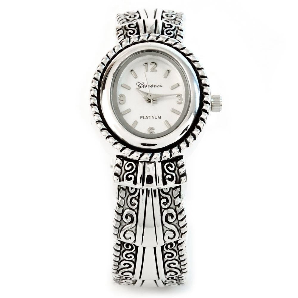 Silver Metal Western Style Decorated Oval Face Womens Bangle Cuff Watch Image 3