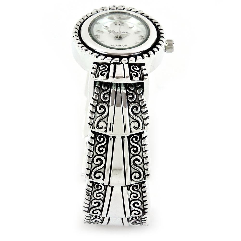 Silver Metal Western Style Decorated Oval Face Womens Bangle Cuff Watch Image 4