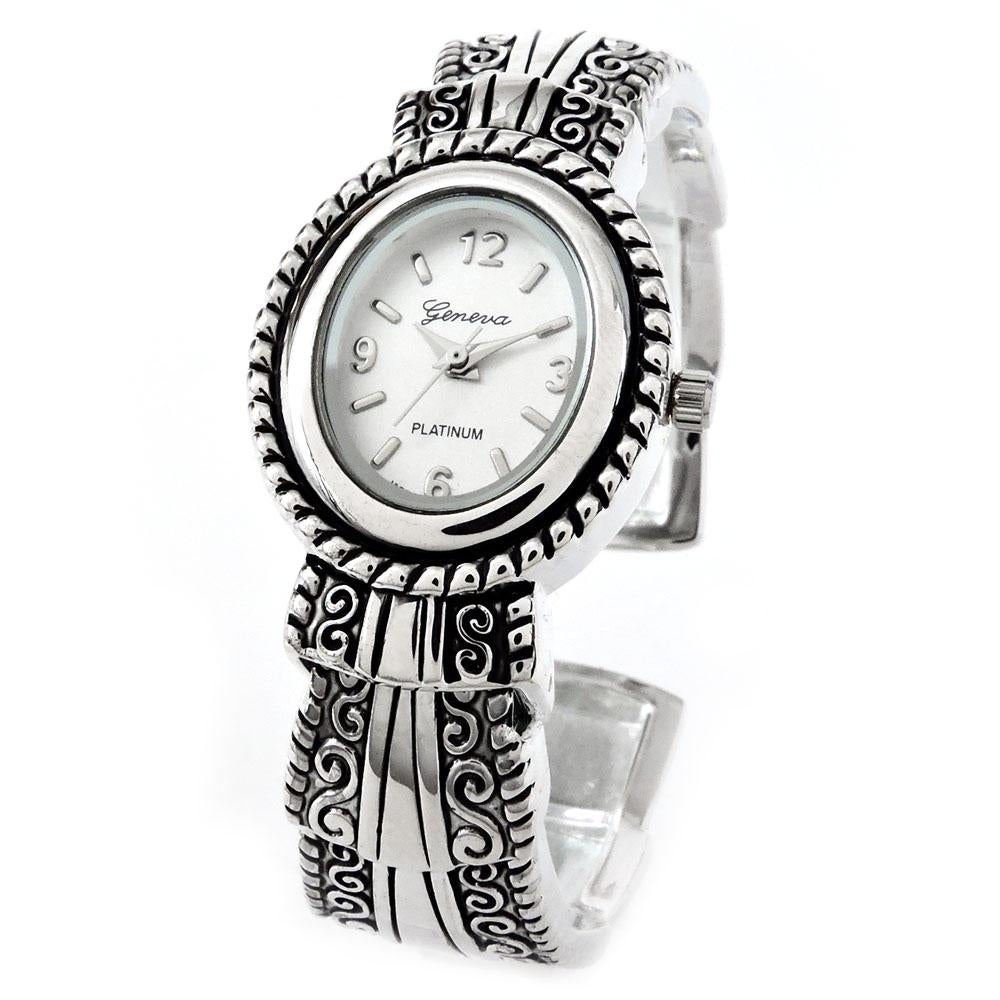 Silver Metal Western Style Decorated Oval Face Womens Bangle Cuff Watch Image 6