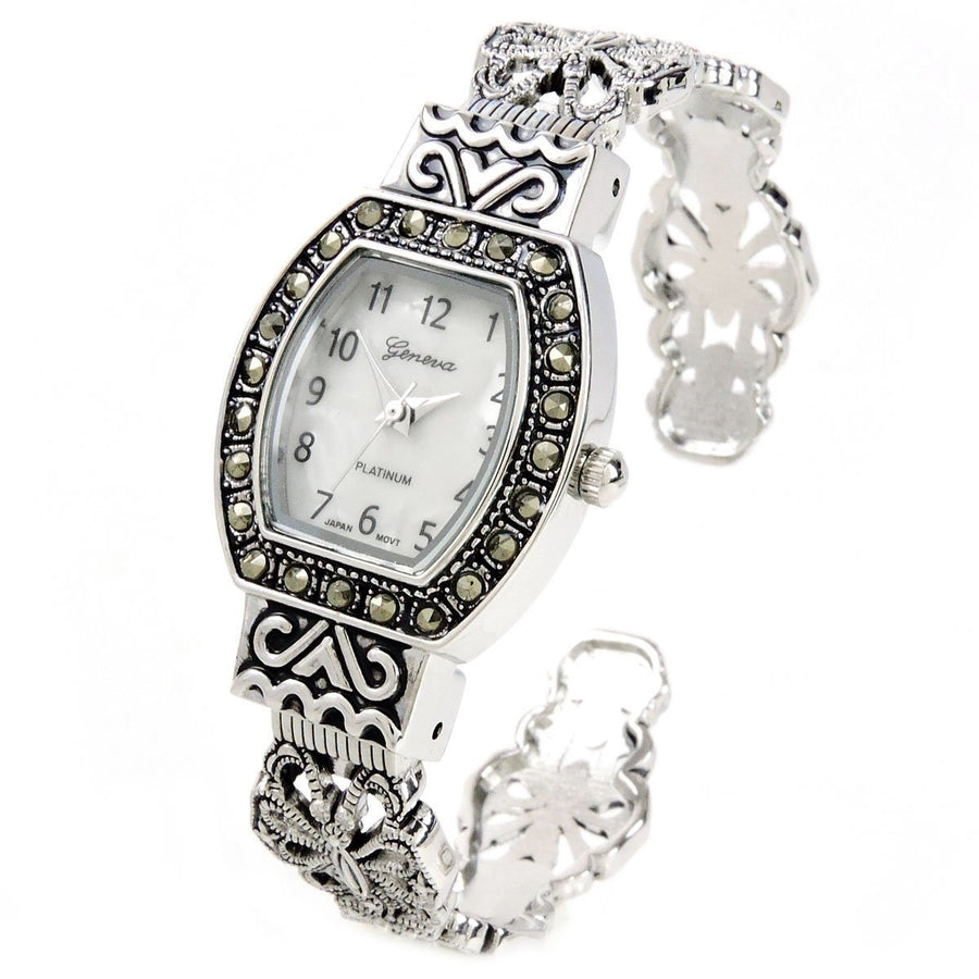 Silver Black Vintage Style Marcasite Rectangle Face Bangle Cuff Watch for Women Image 1