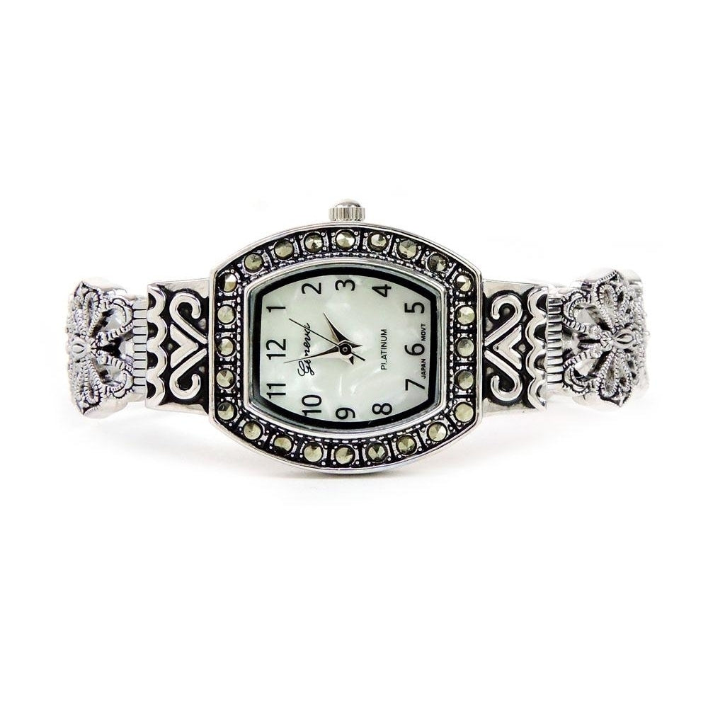 Silver Black Vintage Style Marcasite Rectangle Face Bangle Cuff Watch for Women Image 2