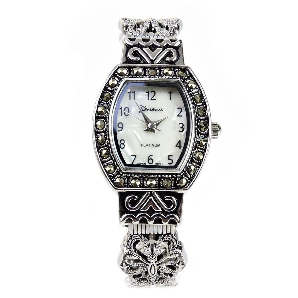 Silver Black Vintage Style Marcasite Rectangle Face Bangle Cuff Watch for Women Image 3