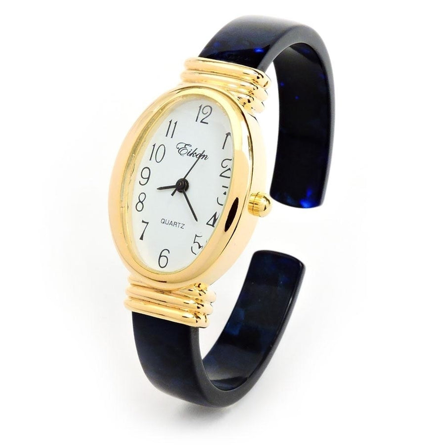 Tortoise Blue Acrylic Band with Gold Oval Case Womens Bangle Cuff WATCH Image 1