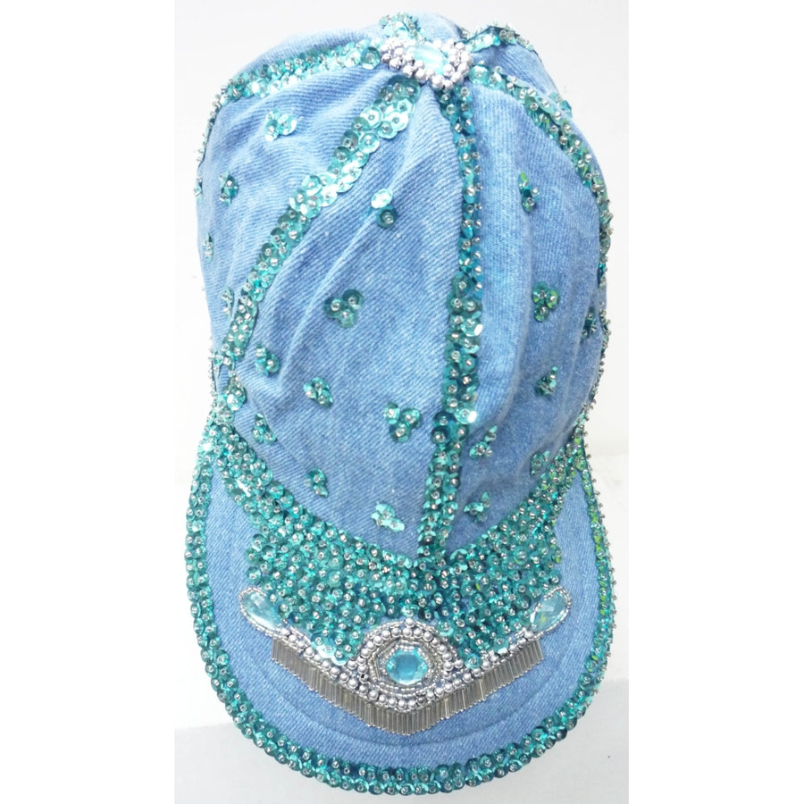 Sequin Denim Baseball Cap Turquoise with Turquoise Sequins Image 1