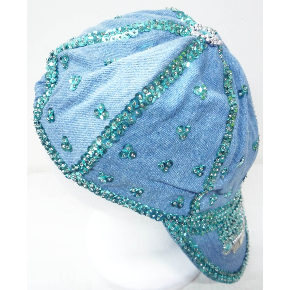 Sequin Denim Baseball Cap Turquoise with Turquoise Sequins Image 2