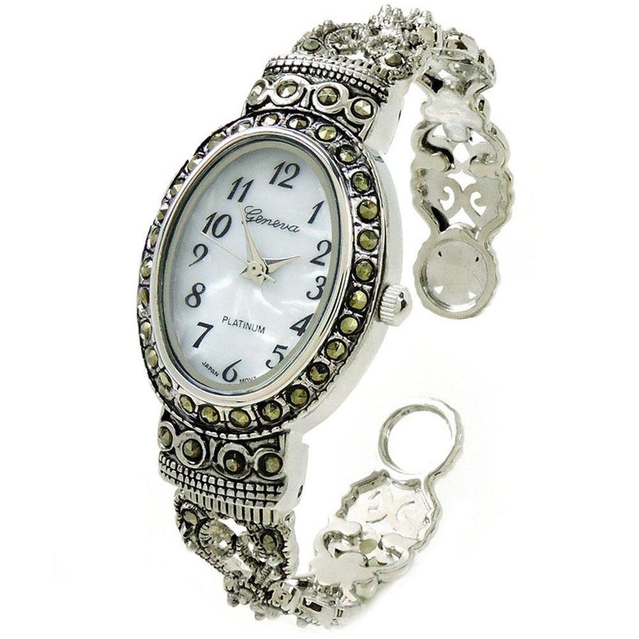 Silver Black Vintage Style Marcasite Crystal Oval Face Womens Bangle Cuff Watch Image 1