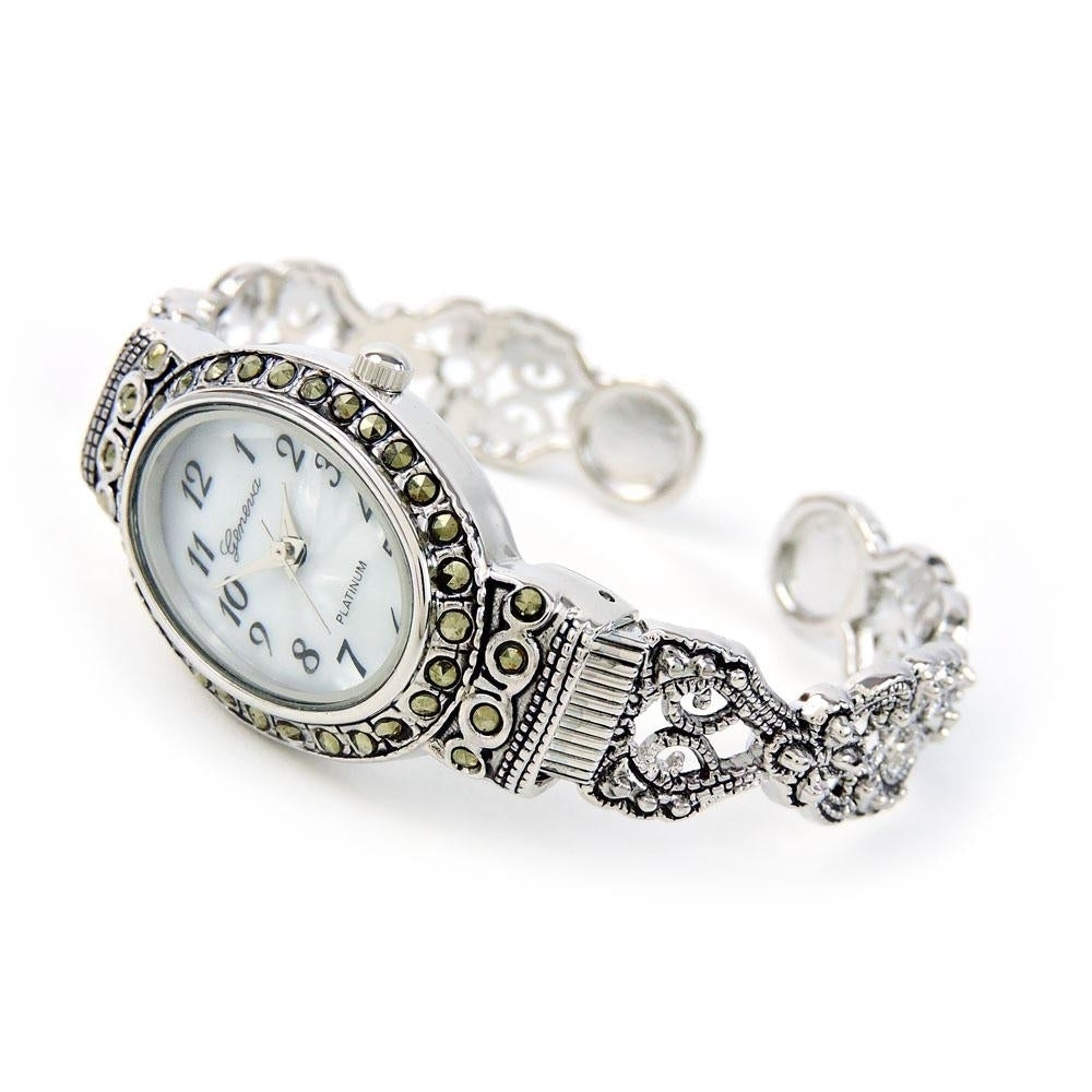 Silver Black Vintage Style Marcasite Crystal Oval Face Womens Bangle Cuff Watch Image 2