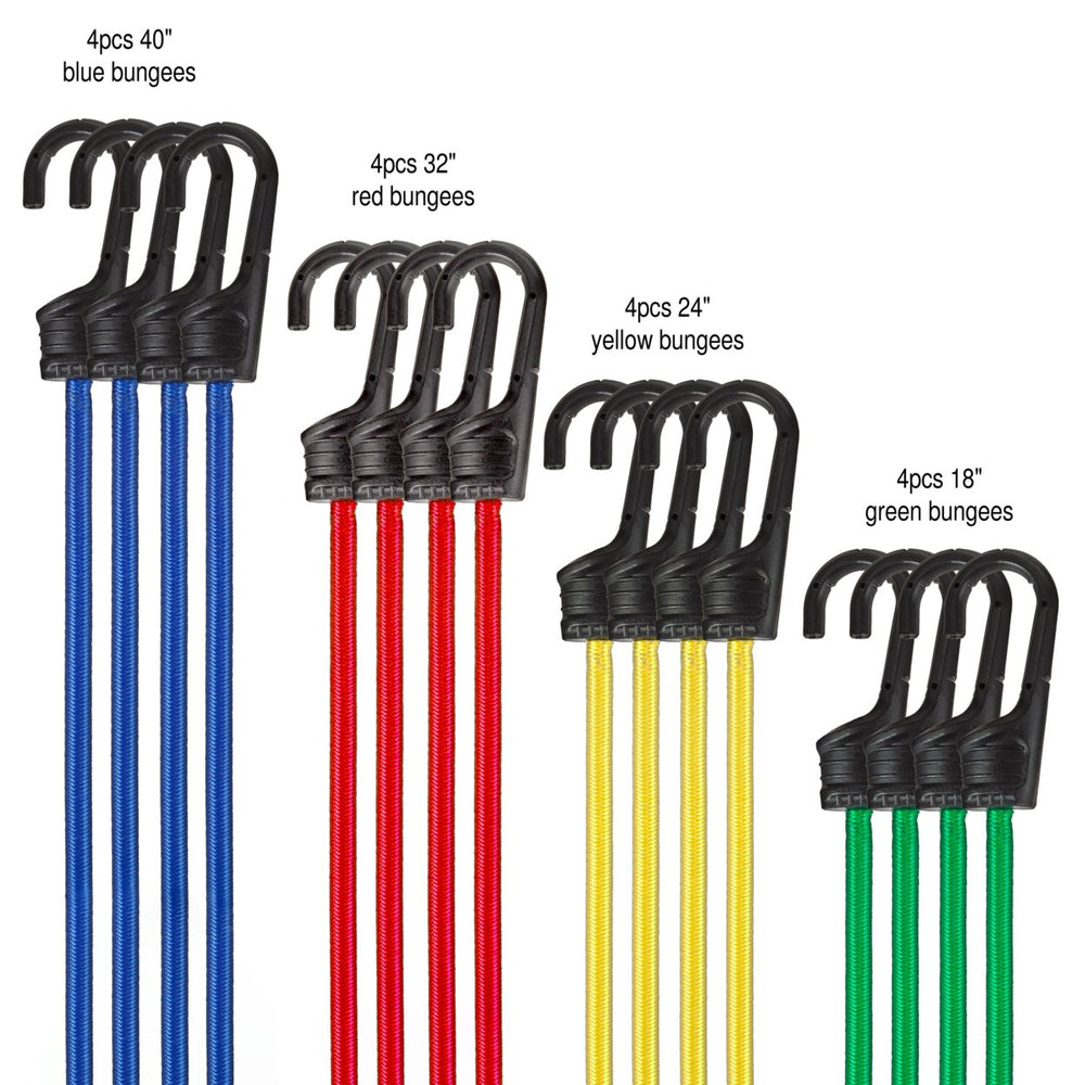 16 Piece Bungee Cord Set- Assortment of 4 Sizes with Storage Bag-Tie Downs with Hooks for TrucksTrailers Image 2