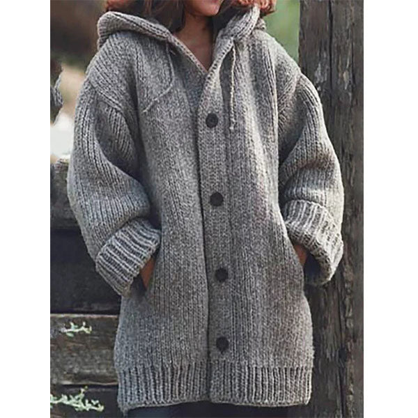 Button Down Hooded Knitted Cardigan Plus Size Outerwear Image 1
